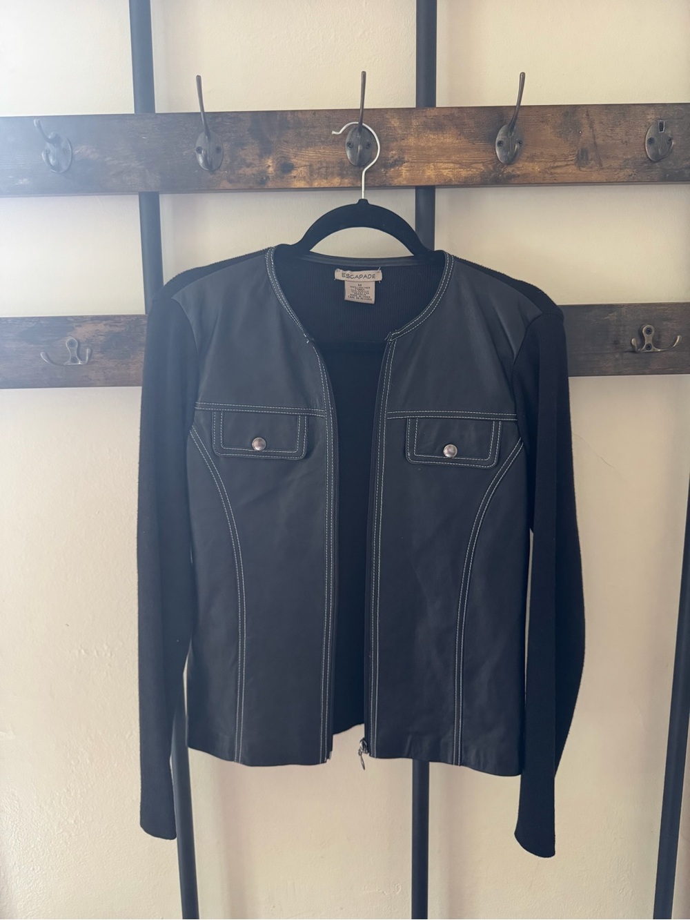 Black Leather-Front Sweater Jacket for Women